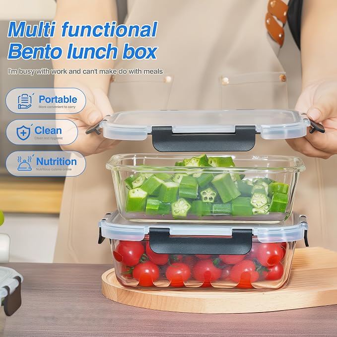 5-Piece Set, 36 oz Glass Food Storage Containers with Lids,Black | Glass Meal Prep Food Container Sets, Snap Airtight Lid, For Microwave, Oven, Freezer and Dishwasher, BPA Free
