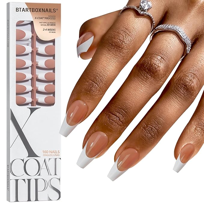 BTArtboxnails XCOATTIPS White French Tip Press On Nails, Long Coffin, Brown | Lamp-Curable, 4-Week Wear, Salon Quality Value at Home, Natural Nail Look, Easy-to-Apply for Beginners, 160Ct Nail Tips Only