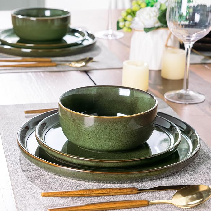 AmorArc Stoneware Dinnerware Sets for 8, 24Pcs Plates and Bowls Sets Dishes | Ceramic Round Reactive Glaze Dishes Set, Highly Scratch Resistant | Dishwasher & Microwave Safe Dishware