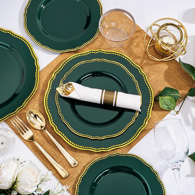 350 Pcs Green Gold Plastic Plates Wedding & Party | Gold Plastic Dinnerware Set Includes 50 Dinner Plates, 50 Dessert Plates, 50 Gold Utensils, 50 Napkins