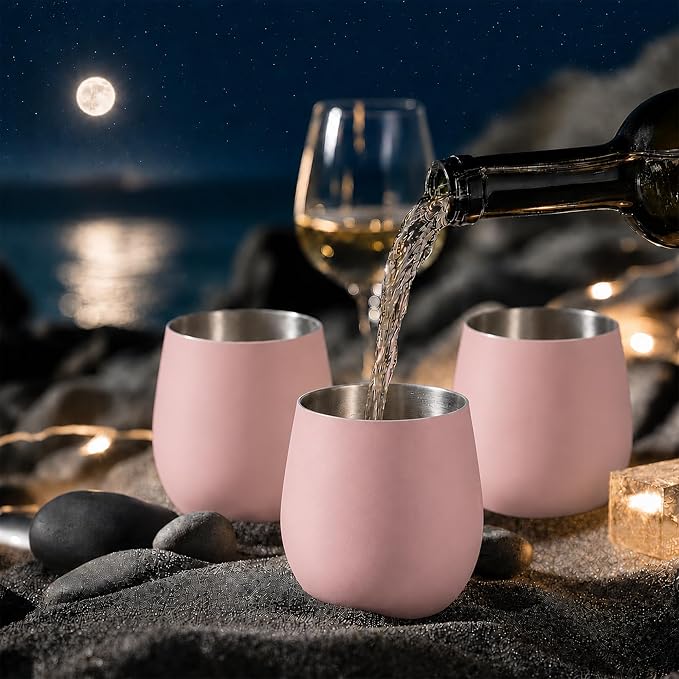 K&K Home Stainless Steel Unbreakable Stemless Wine Glasses - 15 oz - Set of 4 Colored, Stemless Metal Wine Glasses Perfect for Outdoors, Weddings, and Parties (Pink)