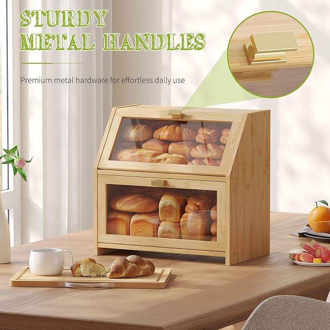BMOSU Bread Box with Cutting Board for Kitchen Countertop Corner Bread box Double Layer Bamboo Extra Large Capacity Bin Kitchen Food Storage Container (Natural)