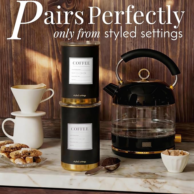 STYLED SETTINGS Coffee Bar Canisters Set of 2, 2-Piece, Black and Gold | Stainless Steel, BPA Free, Food Grade, Airtight, Vacuum Effect, Dual Lid