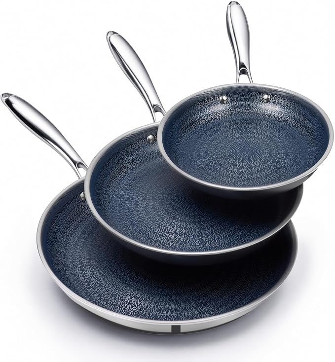 Ammeloo Hybrid Tri-Ply Stainless Steel Frying Pans Set, 8"/9.5"/11" Cooking Pans, Non Stick Frying Pans and Skillets, Chef Pan, Non Toxic, Dishwasher Safe, Induction Compatible, Blue Interior