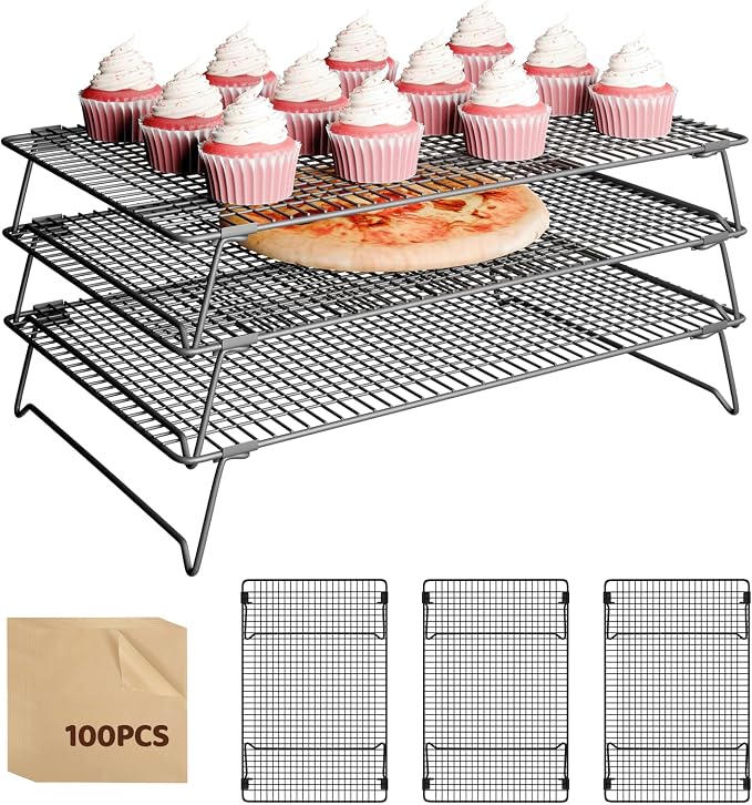 Cooling Racks for Cooking and Baking, 3-Tier Stackable 17x11 Inch | Cookie Cooling Rack for Baking, Wire Baking Rack for Cookies, Cakes and Bread, Tiered Design for Countertop Space Saving