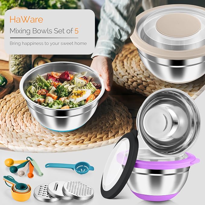 HaWare Mixing Bowls, 24-Piece Stainless Steel Salad Serving Bowl with Airtight Clear Lids, Metal Nesting Bowl For Kitchen Cooking Prepping Storing with 3 Graters, 4.6/2.6/1.5/1/0.7 QT, Colorful