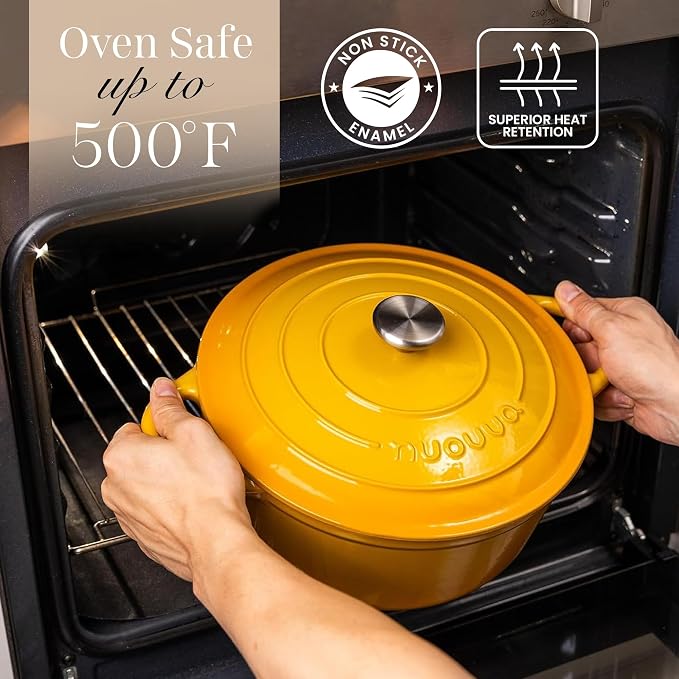 Nuovva Enamelled Cast Iron Dutch Oven Pot with Lid 6.4 Quart Non Stick Casserole Pot-Heavy Duty & Oven Safe up to 500° F for Bread Baking, Braising, Stews, Roasting - 28cm Yellow
