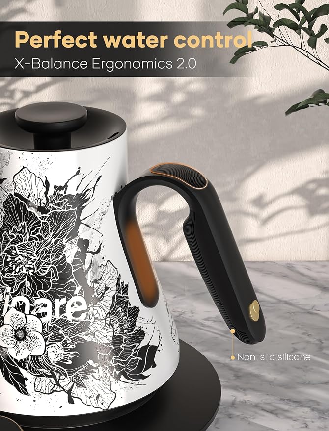 Cocinare Artisan Collection Gooseneck Electric Kettle, ±0.5°F Temperature Control for Pour Over Coffee & Tea, 1500W Fast Heating, Stainless Steel Interior, 0.9L, Blossom Design