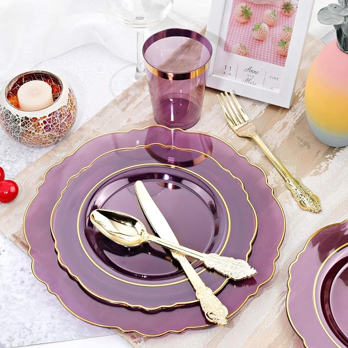 KIRE 210Pcs Purple Plastic Plates with Gold Rim& Silverware &Cups&Hand Napkin - Baroque Clear Plastic Dinnerware for Upscale Wedding/Parties Plates | Include 60pcs Clear Purple and Gold Plates, 30pcs Plastic Silverware, 30pcs Napkins and 30pcs Cups Ser...
