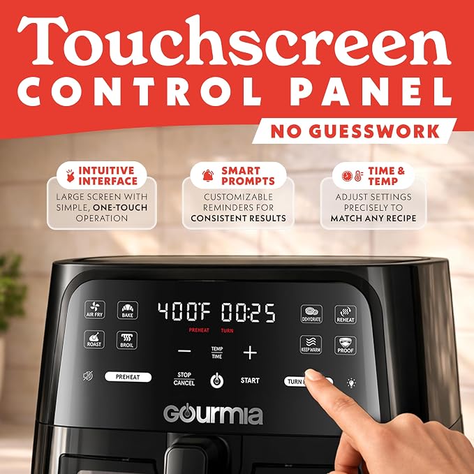Gourmia 8 Qt Air Fryer, 8 Presets with Digital Display, FryForce 360° Technology, Easy View Window & Interior Light, Dishwasher Safe Basket, Black