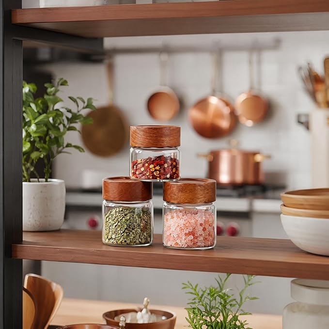 6‑Pack Small 4 Fl Oz (118 ml) Glass Jars w/Wood Lids & Spoons | Built‑in PP insert & silicone seal; airtight for oats, yogurt, spices, chia pudding & pantry