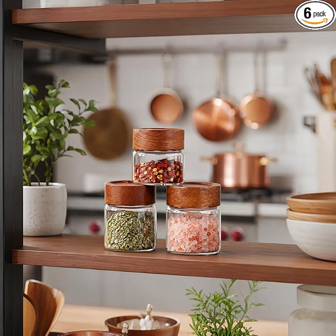6‑Pack Small 6 Fl Oz (177 ml) Glass Jars w/Wood Lids & Spoons | Built‑in PP insert & silicone seal, airtight for oats, yogurt, spices, chia pudding & pantry