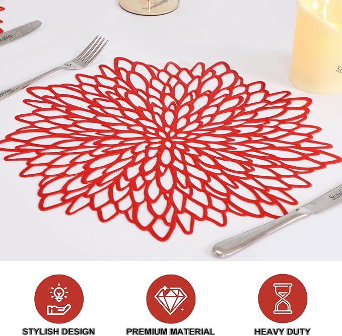 Snowkingdom 6 Pack Red Placemats Metallic Shiny Pressed Vinyl Dining Mats Round Leaf Floral Mother's Day Table Decoration for Halloween Christmas Valentine's Day Weddings Holiday Celebrations