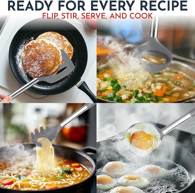 34 PCs Silicone Kitchen Utensils Set, Stainless Steel 450F Heat Resistant | Grey Cooking Utensils Set for Nonstick Cookware - Stainless Steel Handle, Silicone Spatulas Set & Other Kitchen accessories