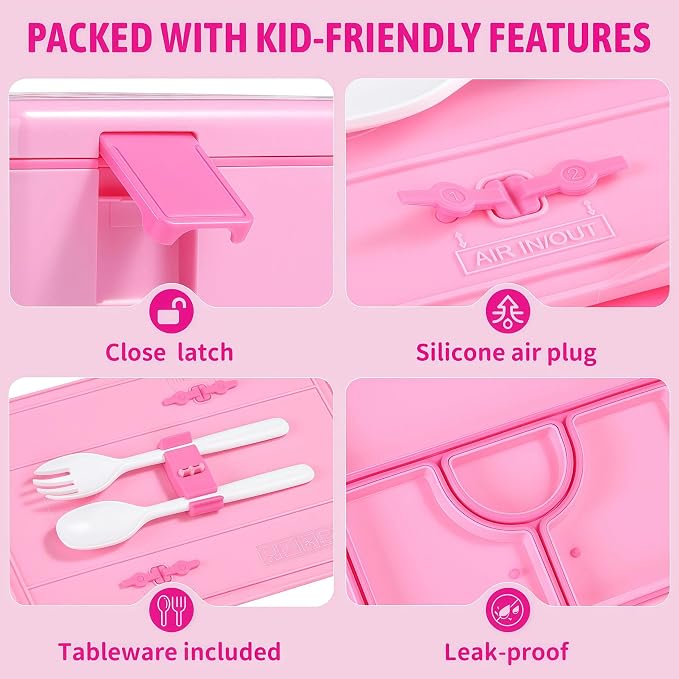 rockpapa Chill Bento Box for Kids- Large 5.5 Cups Lunch Box with Ice Pack - 5 Compartments, BPA-Free, Leak Proof, with Utensils & Portable Handle, Microwave/Dishwasher Safe (Pink Unicorn)