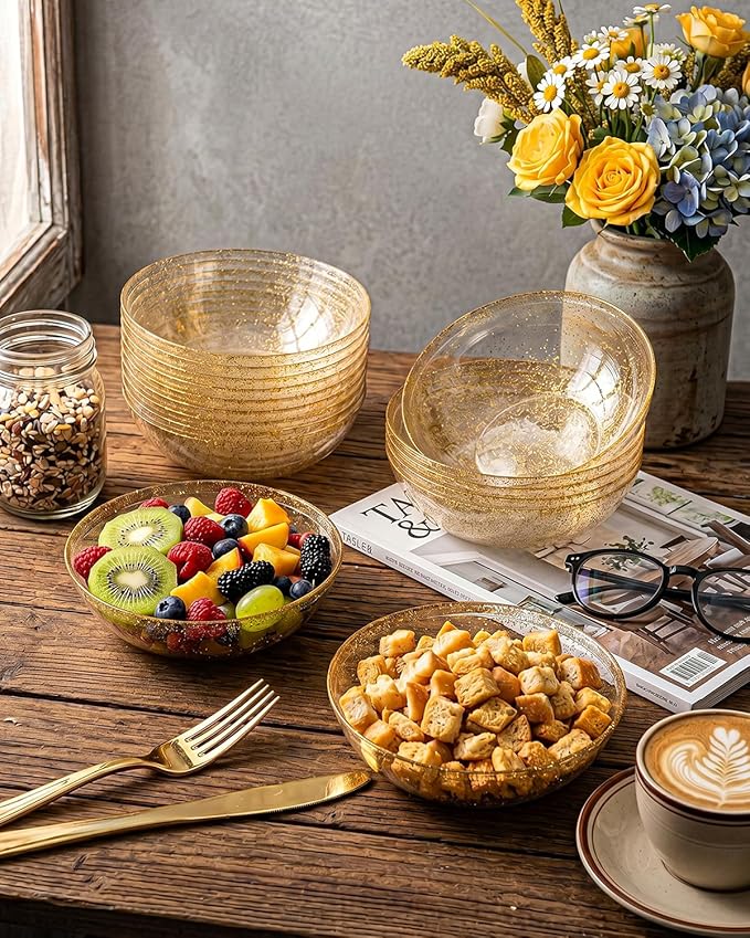 bUCLA 50Pack Gold Glitter Plastic Bowls - 10oz Disposable Crystal Salsa/Dessert Bowls for Wedding & Party