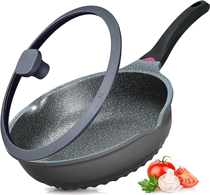Vinchef 11 Inch/5QT Durable Deep Nonstick Skillet with Lid, Black | deep frying pan,heat indicator.Anti-scratch, anti-stain, induction-compatible, easy clean, ideal for sautéing & frying.