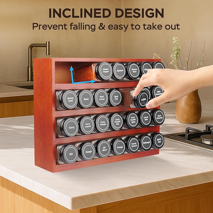Bamboo Spice Rack Organizer with 28 Glass Spice Jars 4 oz Set Cherry Stain | 4 Tier Wood Hanging Shelf, 780 Labels, for Drawer Cabinet Kitchen Countertop Wall Mount, Empty 4 oz Glass Jars