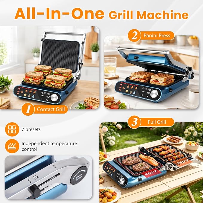 Taylor Swoden 7-in-1 Panini Press Sandwich Maker, Electric Indoor Grill | 1500W, LED Touch Panel, Removable Non-Stick Plates & Drip Tray, Independent Temperature Control, 7 Modes, Opens 180 Degrees
