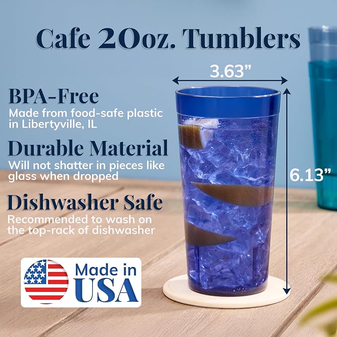 US Acrylic Cafe Plastic Reusable Tumblers (Set of 16) 20-ounce Water Cups Coastal Colors | Restaurant Style Drinking Glasses Value Set, Stackable, BPA-free, Made in the USA | Top-rack Dishwasher Safe