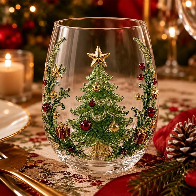 Christmas Wine Glasses, 12oz Stemless Holiday Glassware with Festive Style (Christmas Tree (A))