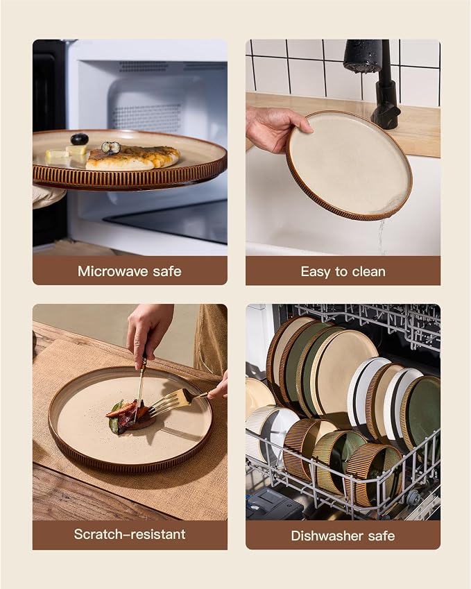 Stoneware Dinnerware Set for 4, Cream Brown Reactive Glaze | 12 pcs Ceramic Plates and Bowls, Handmade Ribbed Dishes, Everyday Use, Microwave & Dishwasher Safe, Chip & Scratch Resistant