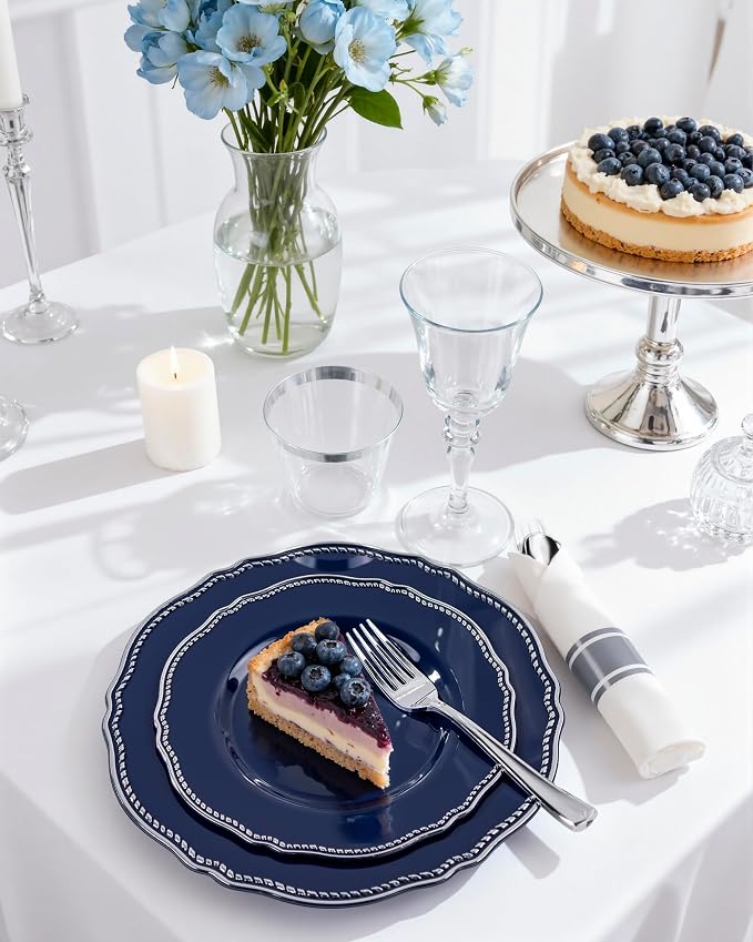 350 Pcs Blue Silver Plastic Plates Wedding & Party | Silver Plastic Dinnerware Set Includes 50 Dinner Plates, 50 Dessert Dinnerware, 50 Cups, 50 Napkins