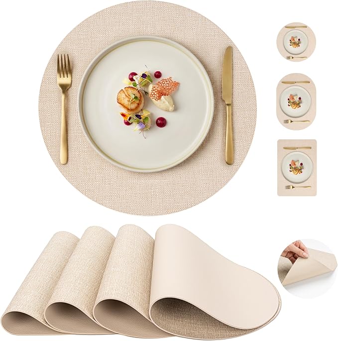 Faux Leather Placemats Set of 4, Wipeable Waterproof Stain Resistant Table Mats, Heat Resistant Thick Placemats with Hand-Painted Edges for Kitchen Dining, Imitative Linen Texture, Various Shapes