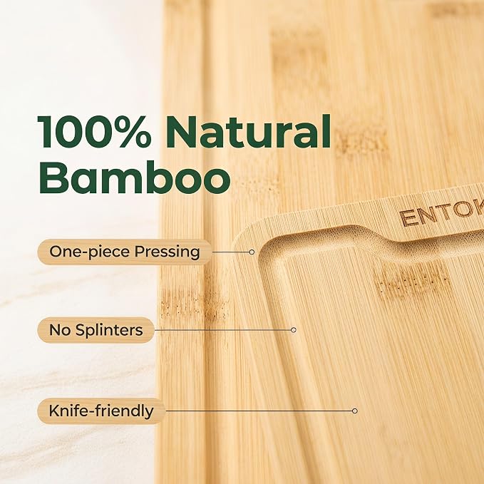 Bamboo Wooden Cutting Board Kitchen Chopping Boards With 3 hooks | Durable carbonized bamboo construction deep juice groove for food prep meat cutting vegetable chopping and daily serving