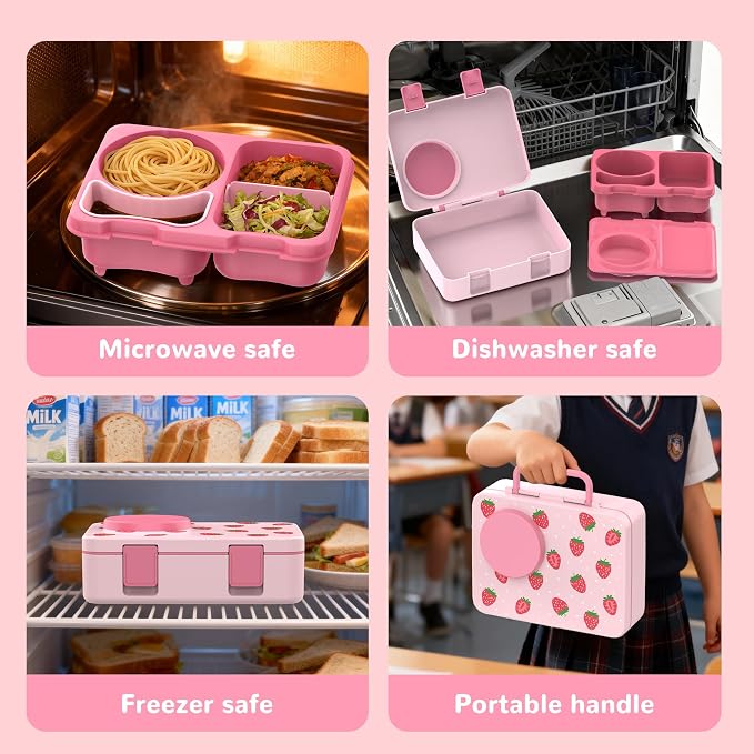 Bento Lunch Box for Kids Adult, Leakproof 3-4 Compartment Bento Box Set with Insulated Food Jar,Water Bottle, Lunch Bag, School Lunch Container for Toddler Teen Girls Boys Ages 3+(Strawberry)