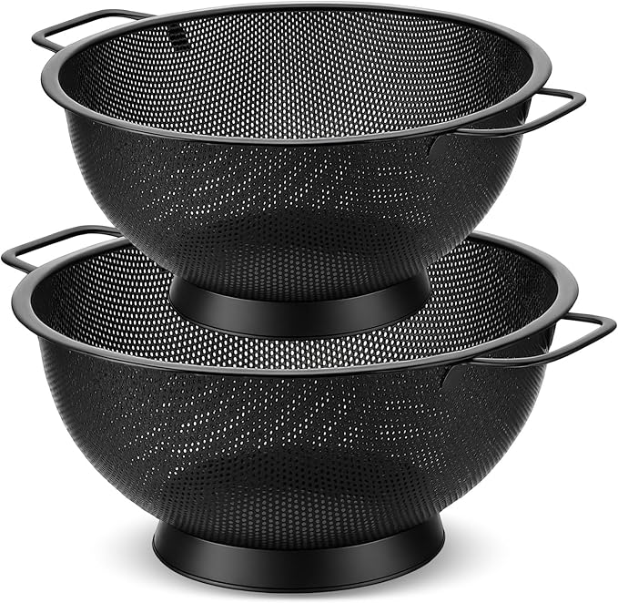 2 Pcs Matte Black Colander for Kitchen, 4 and 5 Qt, Stainless Steel Colander with Handle, Pasta Strainer for Spaghetti Food Fruits Berry Vegetables, Elevated Pedestal Foot