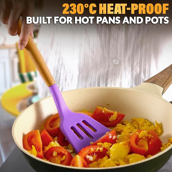 12 Pcs Purple Kitchen Accessories with Holder for Nonstick Cookware | Silicone Cooking Utensils Set for BBQ; Heat-Resistant Tools with Wooden Handles for Baking, Serving, Frying, and Mixing