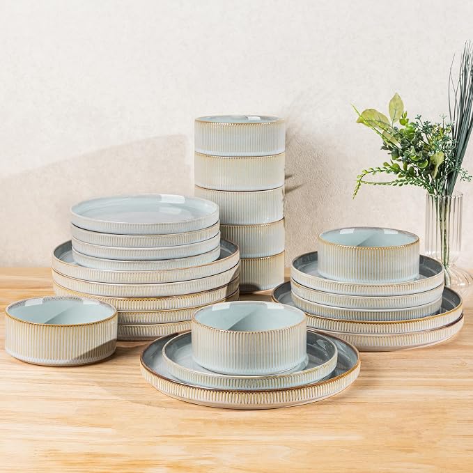 Ceramic Dinnerware Set for 8, 24-Piece Plates and Bowls Set | Lightweight Porcelain Dish Set, Scratch Resistant, Oven & Microwave & Dishwasher Safe, Illusion Blue