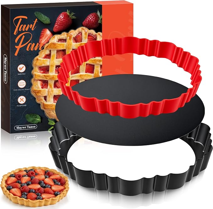 New 9 Inch Tart Pan with Removable Bottom,Non-Stick Carbon Steel Quiche Pan | Includes Crust Shaper Ring | Fluted Pie Pan Quiche Baking Dish Fruit Tart Mold for Baking, Party, Festival | Pies & Quiches