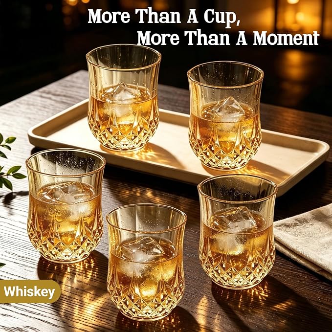 24 Pack 12 Oz Plastic Stemless Wine Glasses, Gold | Unbreakable, Reusable, Elegant Vintage Design, Fancy Cocktail Cups, Whiskey, Champagne, Wedding, Party, Bars, Holiday Events
