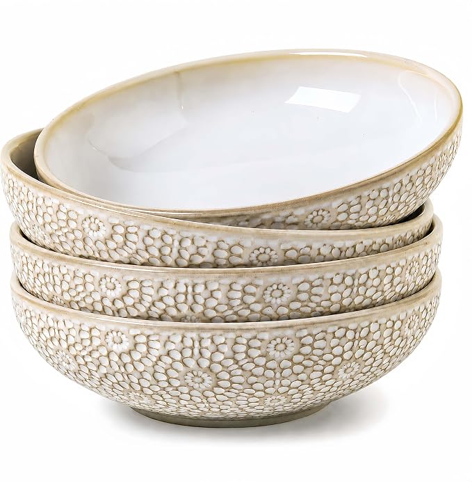 8" Ceramic Pasta Bowls, 22 Oz Serving Bowls Set of 4, Porcelain Shallow Soup Bowl, Embossed Serving Dishes for Pasta, Fruit, Salad, Housewarming Gift, Dishwasher Safe