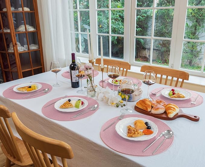 Zupro Round Pink Placemats Set of 6 Braided Non-Slip15 Indoor/Outdoor Use | Heat Resistant Washable,for Kitchen Dining Tables Four Seasons Dinner Parties Thanksgiving Christmas and Everyday Use.