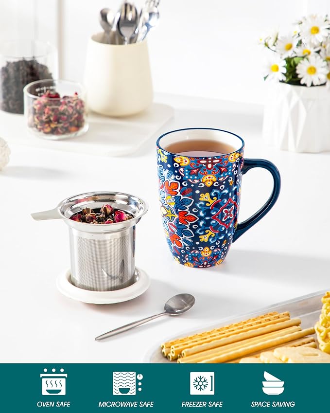 vancasso Ceramic Tea Mug with Infuser and Lid, 18 Ounce Bohemian Loose Leaf Cup, Microwave & Dishwasher Safe, Perfect for Tea, Coffee, Royal-Crimson Flourish