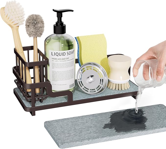Consumest Sponge Holder for Kitchen Sink - Sink Caddy Organizer with Water Absorbing Stone Tray, Detachable Brush Holder, Stainless Steel Kitchen Counter Organizer Rack, Bronze