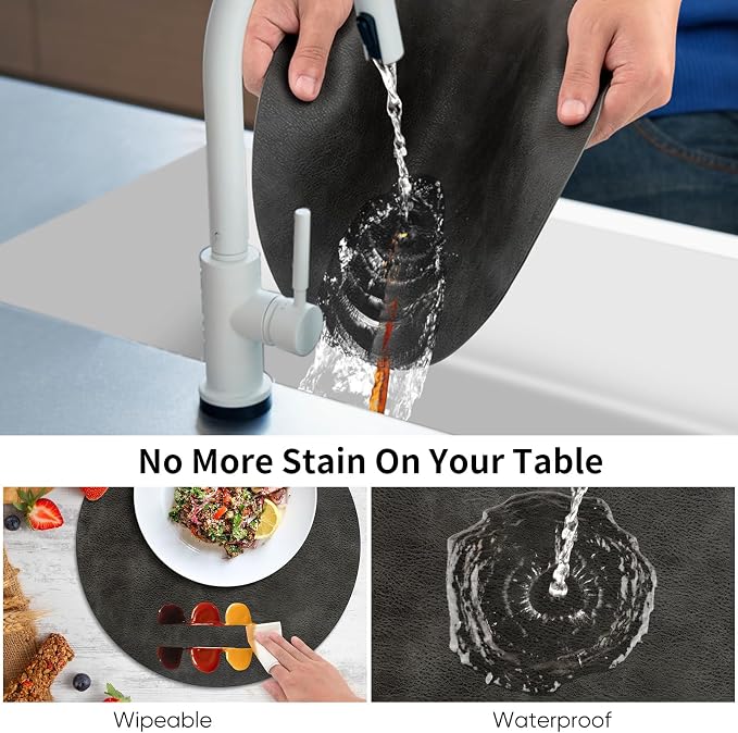 ADRIMER Placemats, Heat Resistant Round Placemats Set of 6 Washable, Waterproof Table Mats, Wipeable Faux Leather Place Mats for Kitchen, Dining Room, Dark Grey