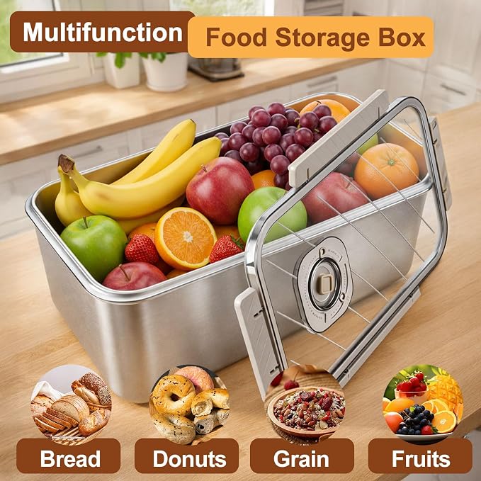 Gifhomfix Bread Box 304 Stainless Steel Bread Storage Container, Dishwasher Safe Bread Box for Homemade Bread, Time Recording Bread Container with Lid