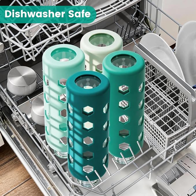 Mrsdry 18 oz Glass Water Bottles with Lids & Silicone Sleeves, 4-Pack | BPA Free, Leak-Proof Reusable Glass Drinking Bottles with Stainless Steel Airtight Cap for Juicing, Dishwasher Safe, Non-Slip