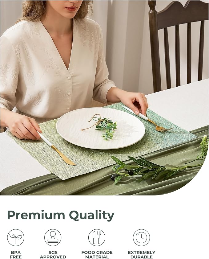 Leetaltree Gradient Green Woven Placemats Set of 12 - Heat Resistant Non-Slip Place mats for Dining Table, Washable Durable PVC Vinyl Woven Table Mats(Gradient Green, 12)