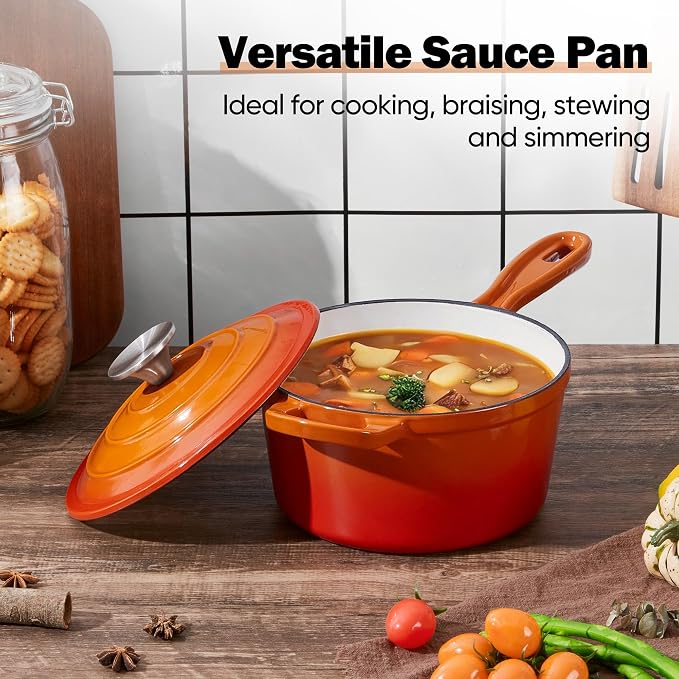 Homikit Small Cast Iron Pot, 2 QT Enameled Cast Iron Sauce Pan with Lid, Heavy Duty Enamel Dutch Oven Kitchen Cookware for Making Pasta, Boiling Soup, Warming Milk, Nonstick & Oven Safe, Flame Orange