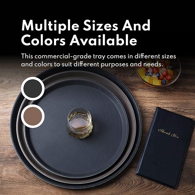 New Star Foodservice Restaurant Grade Non-Slip Serving Tray, 16 Inch Round Black Plastic Tray with Rubber-Lined Surface, Bar, Catering, Restaurant, and Foodservice Tray