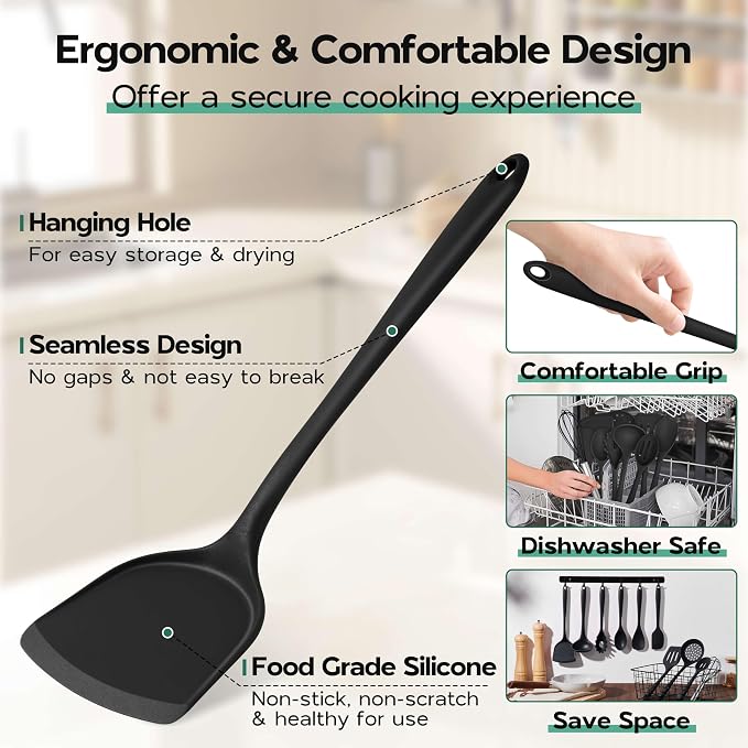 Onader Kitchen Utensils Set, 10 Pieces Black Silicone Cooking Utensils Set | Nonstick Cookware Friendly, Non Toxic & Dishwasher Safe