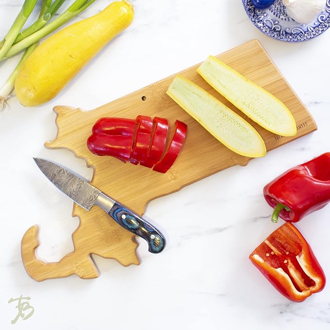 Totally Bamboo Destination Massachusetts State Shaped Cutting Board | State charcuterie serving board with engraved map artwork. Smooth reverse side for food prep. Hang tie for wall display.