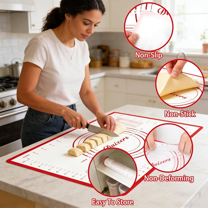 Silicone Baking Mats Set of 2,Extra Large 31.5" x 24" Small 16" x 12" Non Stick Non Skid Pastry-Mat with Measurements (Red)