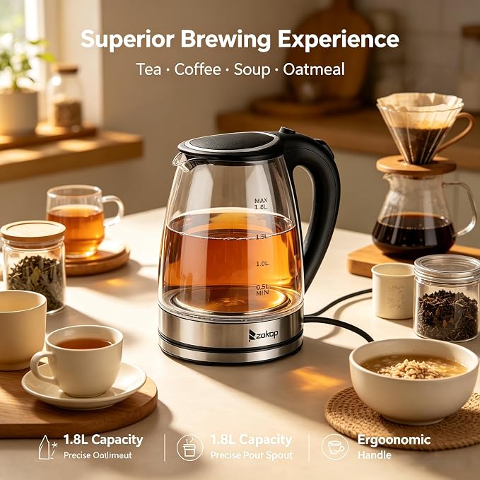 Electric Kettle 1.8l, BPA-Free Borosilicate Glass Stainless Steel Blue LED, 360° Base, Auto Shut-Off and Boil-Dry, Glass Carafe No Plastic Contact With Water, Wide Mouth for Easy Cleaning