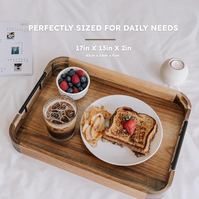 Upper Acacia Wood Ottoman Tray 17x13 Inches with Handles, Decorative Serving Tray for Coffee Table, Breakfast Tray with Anti-Skid Pads (Black Handle 01)